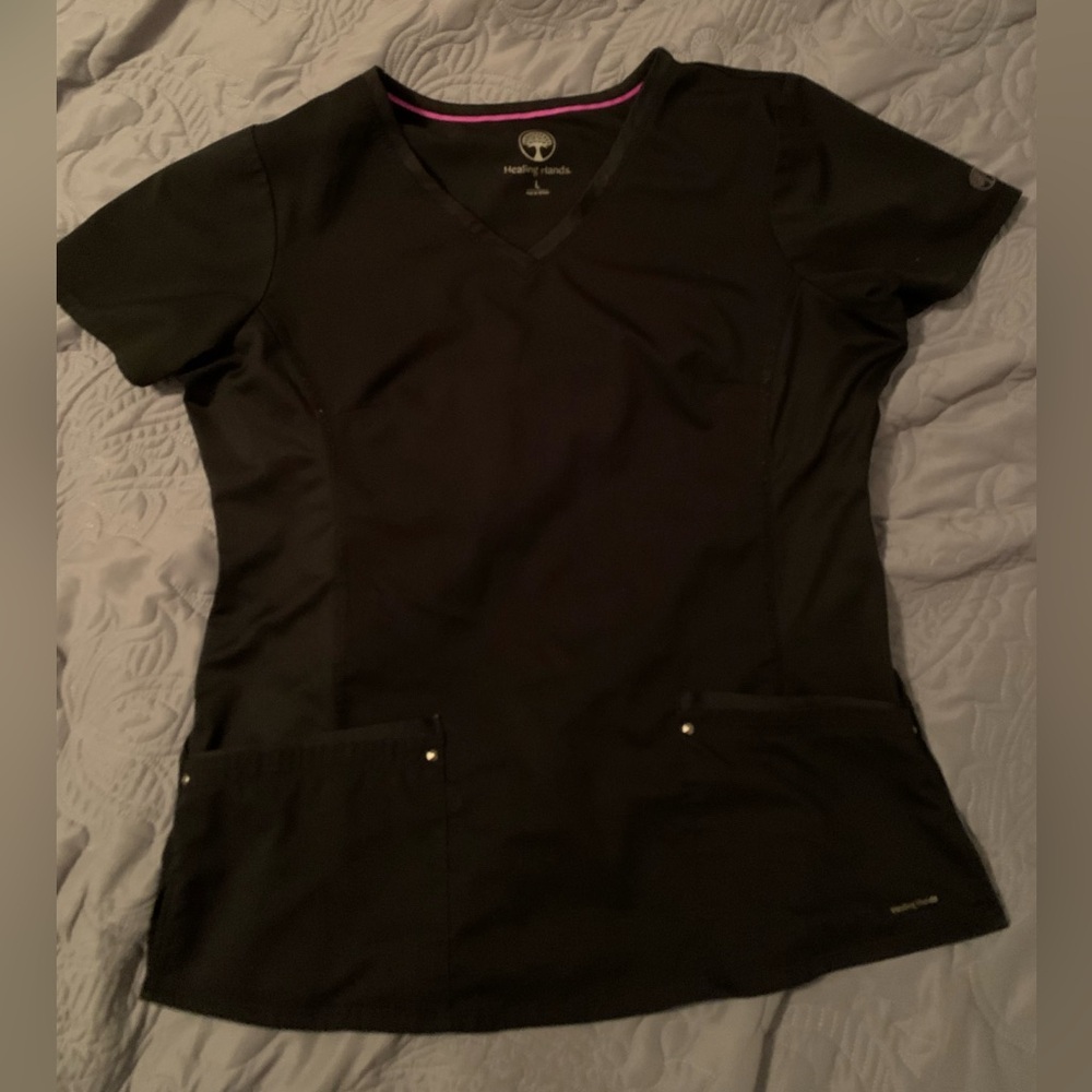 Large black 2 pocket stretch healing hands scrub top
